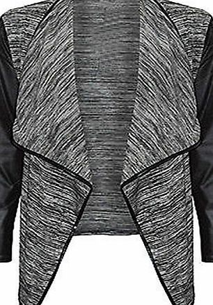 Womens Long Sleeve Ladies Stretch Wet Look Wrapover Waterfall PVC PU Trim Open Cardigan Jacket Coat Grey 12 - 14