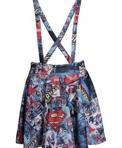 Womens New Batman Superman Comic Print Ladies Short Mini Flared Skater Skirt Pinafore Dunagrees Superman Size 12 - 14