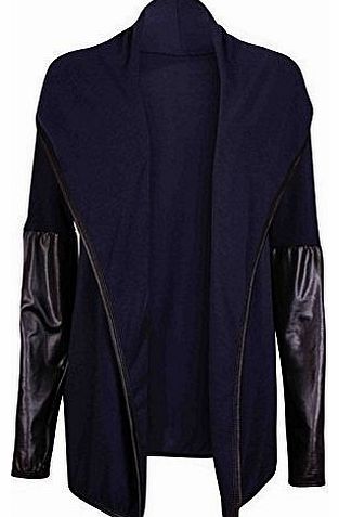 Womens PVC PU Long Sleeve Ladies Stretch Waterfall Trim Open Fitted Cardigan Jacket Coat Navy Blue 8 - 10