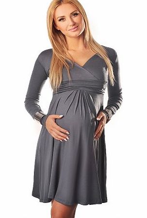 Purpless Maternity Long Sleeve Maternity Vneck Dress Pregnancy Top Tunic 4419 Variety of Colours (14, Army Gray)