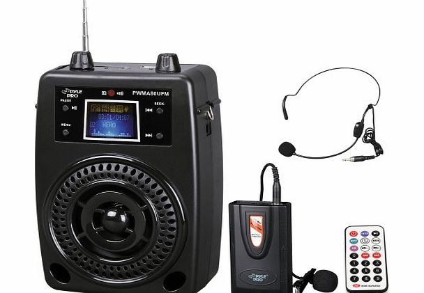 PWMA80UFM 100 W Portable PA System With Included Wireless Lavalier Microphone, FM Radio, MP3/USB/SD, and Aux-In/Out