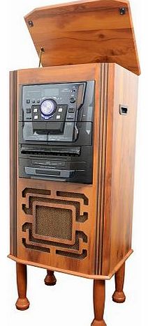  PTCWTRS80 Floor Standing Retro Vintage Turntable Entertainment Center with CD, AM/FM Radio,iPod Aux Input Double Cassette Deck