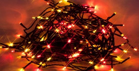Qbis 100 LED, Multi Colour (Sunset lights - red, orange and yellow LEDs), 10m (33ft), With Timer, Static, Battery Powered Christmas Fairy Lights, green wire - indoor/outdoor party lights/lighting