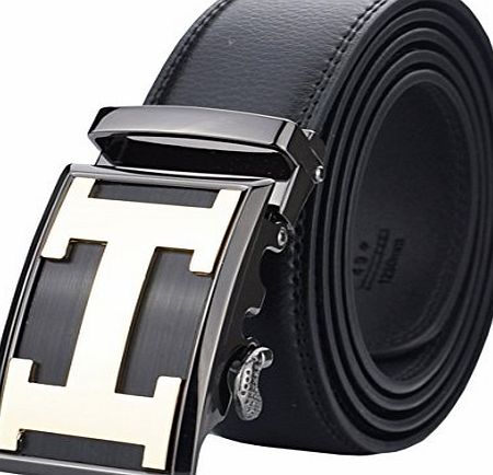 QISHI YUHUA PD Mens Casual Business Leather Belts Black Ratchet Belts(117-01,S)