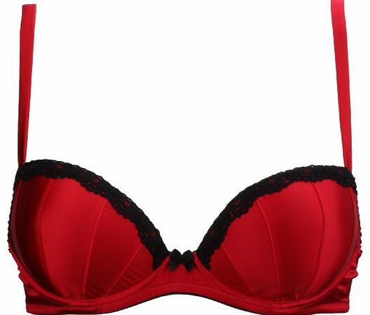 Red Silk Padded Plunge Bra Trimmed with Black Lace 34A
