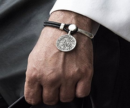 RADDAR7 Mens Designer Jewellery SPARTAN WARRIOR Lucky Coin Charm Bracelets, Cool Fashion Metallic Rock Style Bracelet in Silver Tone Metal, Black Genuine Leather, Great Christmas Present for Men with Gift Box