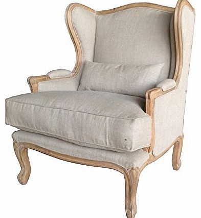 Ramikas A Beautiful carved French Style Shabby Chic Small Wing Chair / French Armchair, Lounge Furniture in Retro touch finish. Upholstery in natural linen with extra cushion.