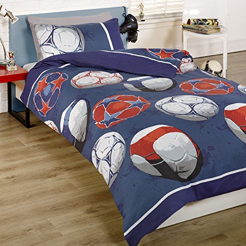 Childrens Boys Blue Football Soccer Duvet Cover Quilt Bedding Set, Blue, Single (Blue, Red, White)