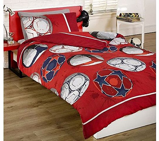 Childrens Boys Red Football Soccer Duvet Cover Quilt Bedding Set, Red, Single (Red, Blue, White)