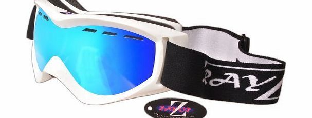 Rayzor 2014 Rayzor Professional UV400 Double Lensed Ski / SnowBoard Goggles, With a White Frame and an Anti Fog Coated, Vented Blue Iridium Mirrored Anti-Glare Wide Vision Clarity Lens.