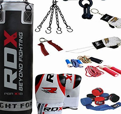 RDX Authentic RDX 9 Piece Boxing Set 5FT 4FT Heavy Duty Filled Rex Leather Punch Bag,Gloves,Bracket MMA Stand
