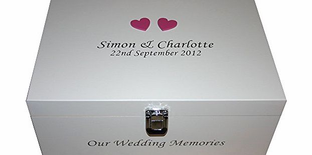 Reads Creations Personalised Wooden Wedding or Engagement Keepsake Box for Memories with pink hearts. Idea for Memory Boxes for Anniversary