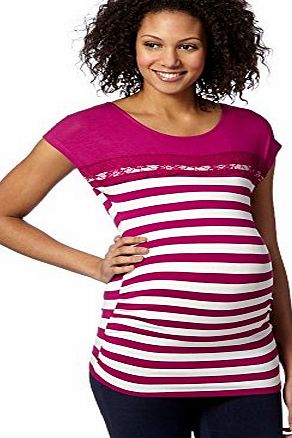 Red Herring Maternity Womens Dark Pink Stripe Lace Maternity T-Shirt 14