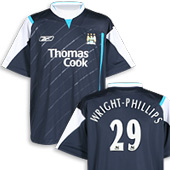 Juniors Man City FC Away Shirt 05/06 - Blue/White/Lazer - with Wright Phillips 29 Printing.
