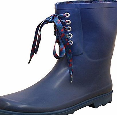 Ladies Blue Short Wellington Flat Mid Calf Boots Wellies Lace Front Rain Snow