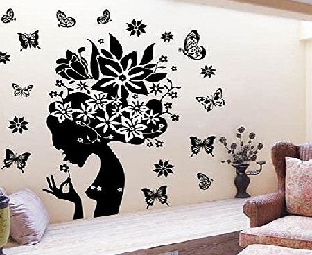 RESTLY (TM) Black Flower Fairy PVC Waterproof Removable Beautiful TV Background Wall Stickers Decor