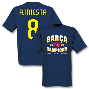 2009 Barcelona Tri-Winners T-shirt - Navy + A.Iniesta 8 *Delivery mid-June