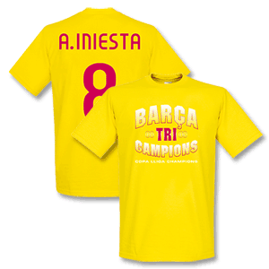 2009 Barcelona Tri-Winners T-shirt - Yellow + A.Iniesta 8 *Delivery mid-June