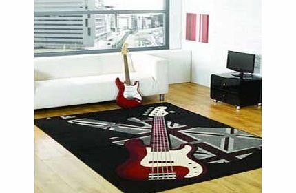 Small Retro Funky rug. Boys rock 60x110cm Music Bedrooms. Black, Brown, Red, Ivory
