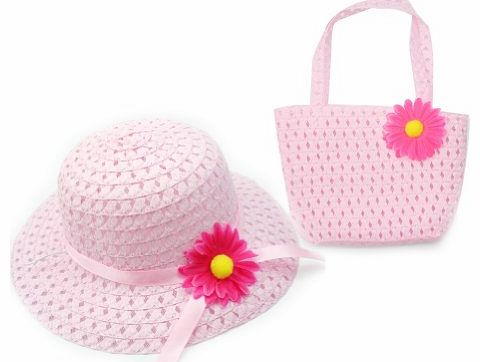 Lovely Charm Princess Straw Baby Girl Sun Hat Summer Flower Cap and Handbag - Pink