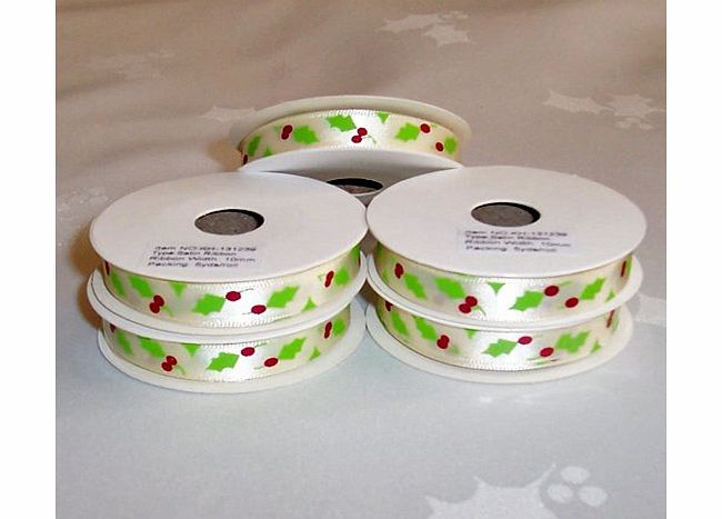 Ribbon Christmas Ribbon CREAM WITH HOLLY ~ 5 yards (4.5 metres) Roll of 10mm Wide Ribbon Ideal For Presents~Gifts~Cards~Scrap Booking~Decoration