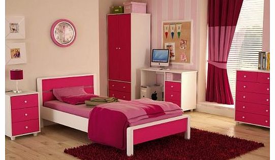 Right Deals UK Miami 5 Piece Pink White Children Bedroom Furniture Set Bed Wardrobe Drawers Dressing Table Bedside