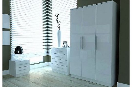 Right Deals UK Toronto Caspian Black or White High Gloss Bedroom Furniture Complete 3 Piece Set or seperate 3 Door Wardrobe, 4 Drawer Chest, Bedside Cabinet (Gloss White, Complete 3 Piece Set)