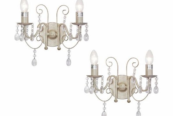 RING Pair of Traditional Ornate Vintage Style Distressed White Jewel Twin Arm Wall Lights