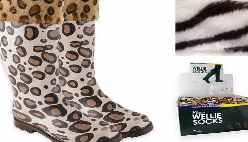 Rjm 1 pair Ladies Fleece Wellie Socks (UK 6-8, Leopard Print Cuff)