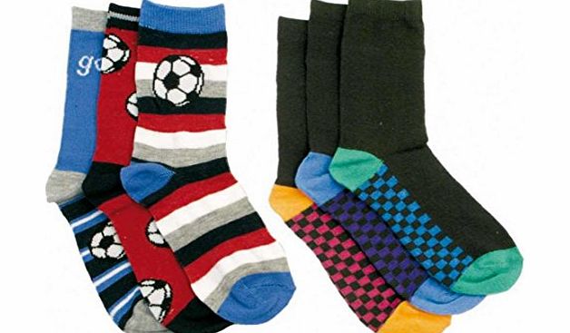 Rjm 6 Pack Boys Socks - Football Design amp; Black with Checked Soles Size 12.5-3.5