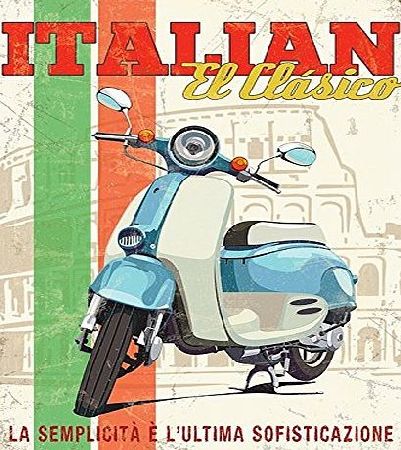 RKO Italian El Clasico. Blue and white scooter. Classic moped, scooter. Vespa. Mods. Rome Coliseum in background. Flag colours, stripes. Ideal for house, home, garage, shed, man cave, bar, pub, cafe or sh