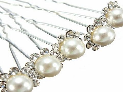 RM Gifts and Toys 6 x Wedding Bridal Prom Diamante and White Faux Pearl Flower Hair Pins