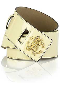 Vanilla patent leather belt with crystal RC logo on front.