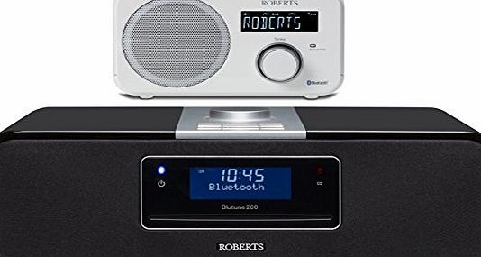 Roberts Black Blutune 200 With a FREE White Blutune 40 Bluetooth DAB DAB+ FM Radio Sound System Streaming, CD Player, Record to USB or SD Card, 6 Position Equaliser + Seperate Bass & Treble, USB 2