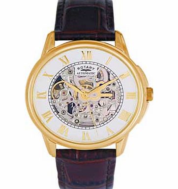 Rotary Mens Brown Strap Skeleton Dial Watch