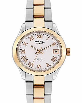 Rotary Womens Automatic Watch with White Dial Analogue Display and Two Tone Stainless Steel Bracelet LB00156/01