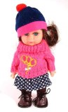 8 inch mini girl doll with woollen jumper and hat and blue and white skirt