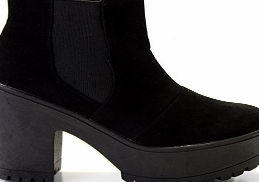 Runway9 Size 7 Style 1 - Black Faux Suede Ladies Womens Chunky Cleated Sole High Heel Platform Chelsea Ankle Boots