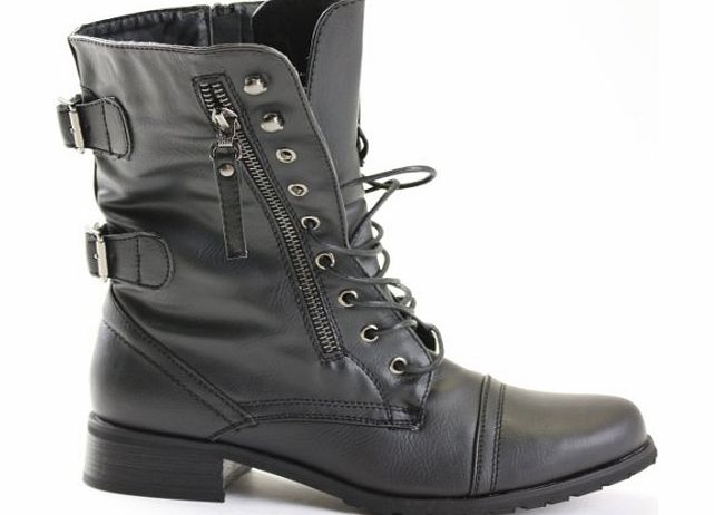 Runway9 Womens Ladies Girls Black Brown Military Army Combat Style Flat Lace Up Ankle Boots Size