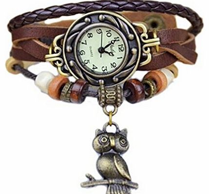  Elegant Ladies Bronze Owl Boho Chic Vintage Hand Made Weave Wrap Bracelet Watch (Coffee)
