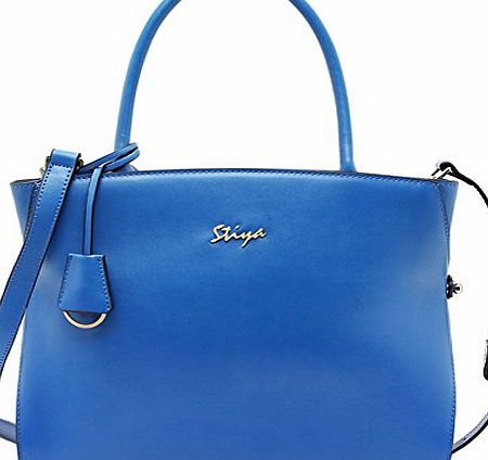 S-ZONE Womens Genuine Leather Celebrity Style Top Handle Bag Office Lady Tote HandBags (B-Blue)