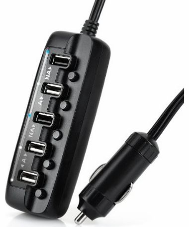 Saicoo 8A/40W 5 USB High output Ports Car Charger(83CM Cable Length), with separated ON/OFF Switch /LED ind