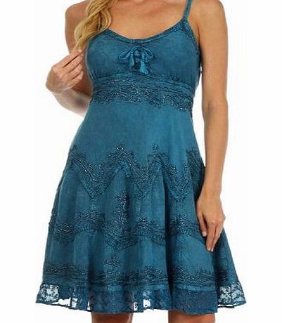 Sakkas 4031 Stonewashed Rayon Embroidered Adjustable Spaghetti Straps Mid Length Dress - Turquoise Blue - L/XL