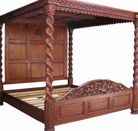 Salem House 6 Super Kingsize Heavy Panel Four Poster Bed Waxed Mahogany Barley Twist Posts