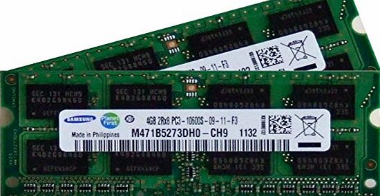Samsung ram memory 8GB kit, (2 x 4GB), DDR3 PC3 10600, 1333Mhz, 204 PIN, SODIMM for laptops (p.n. M471B5273DH0-CH9 x 2)