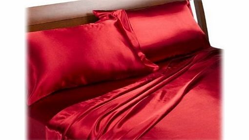 SATIN Matching Bedrooms Luxury Satin Red Double Bedding Set Includes Duvet Cover, Fitted Sheet and 4 Pillowcases