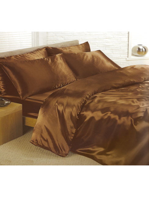 Satin Sheets Chocolate Satin Double Duvet Cover, Fitted Sheet