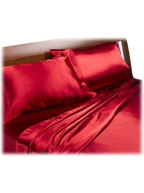 Satin Sheets Red Satin Double Duvet Cover, Fitted Sheet and 4