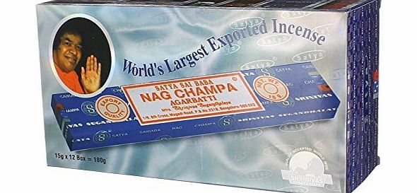 Satya Genuine Satya Sai Baba Nag Champa Agarbatti Incense Sticks - Box of 12 packs x 15g boxes