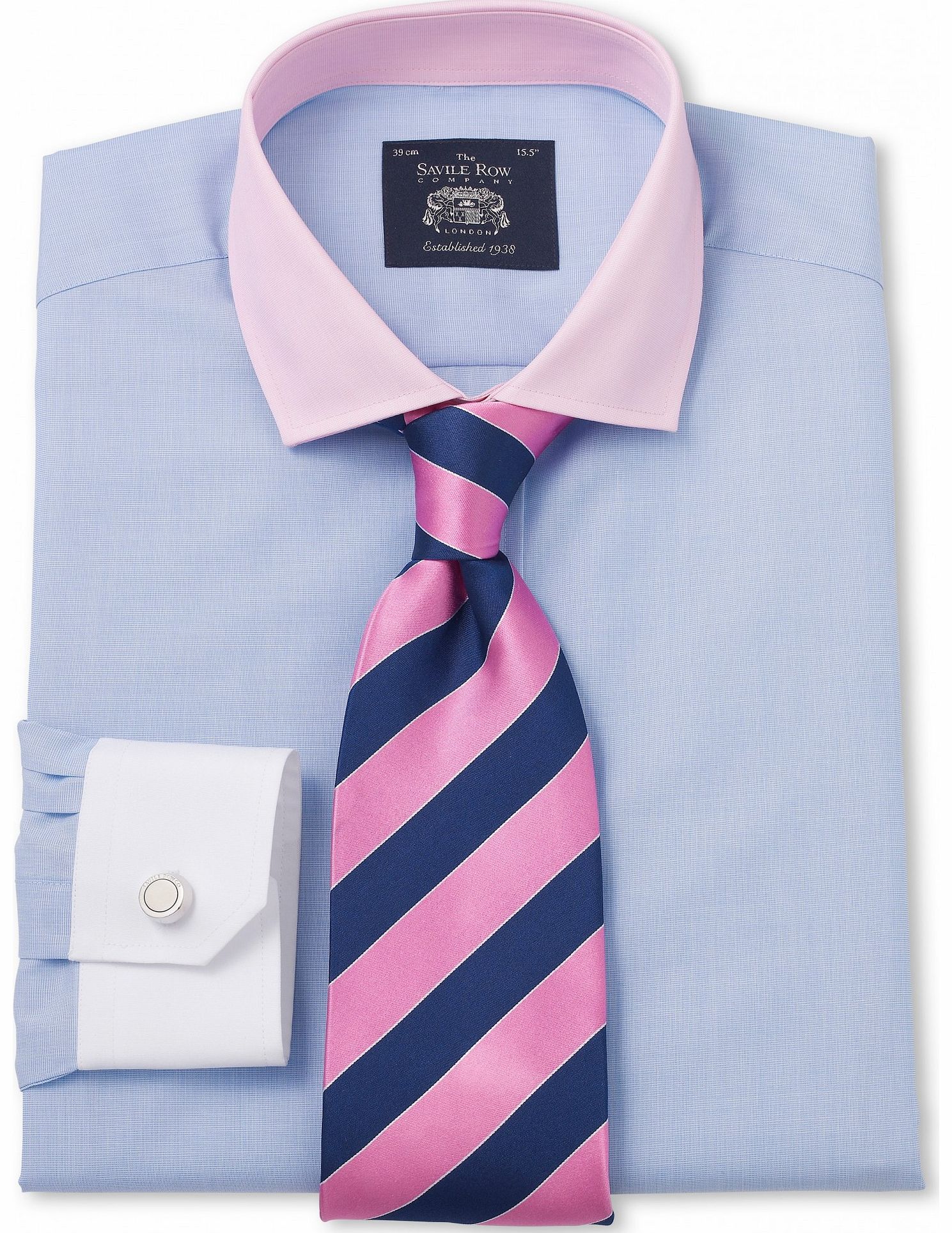Savile Row Company Blue Pink White Poplin Slim Fit Shirt 15 1/2``